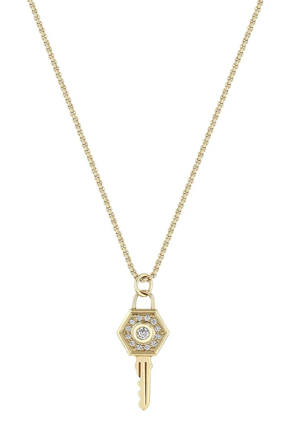 Diamond Hexagon Halo Key Pendant Necklace