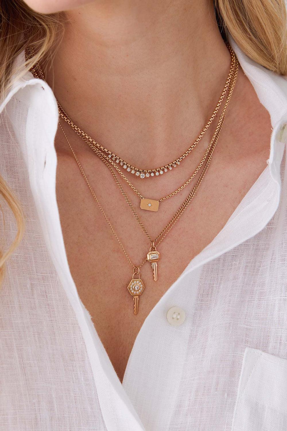 Diamond Hexagon Halo Key Pendant Necklace - Image 2