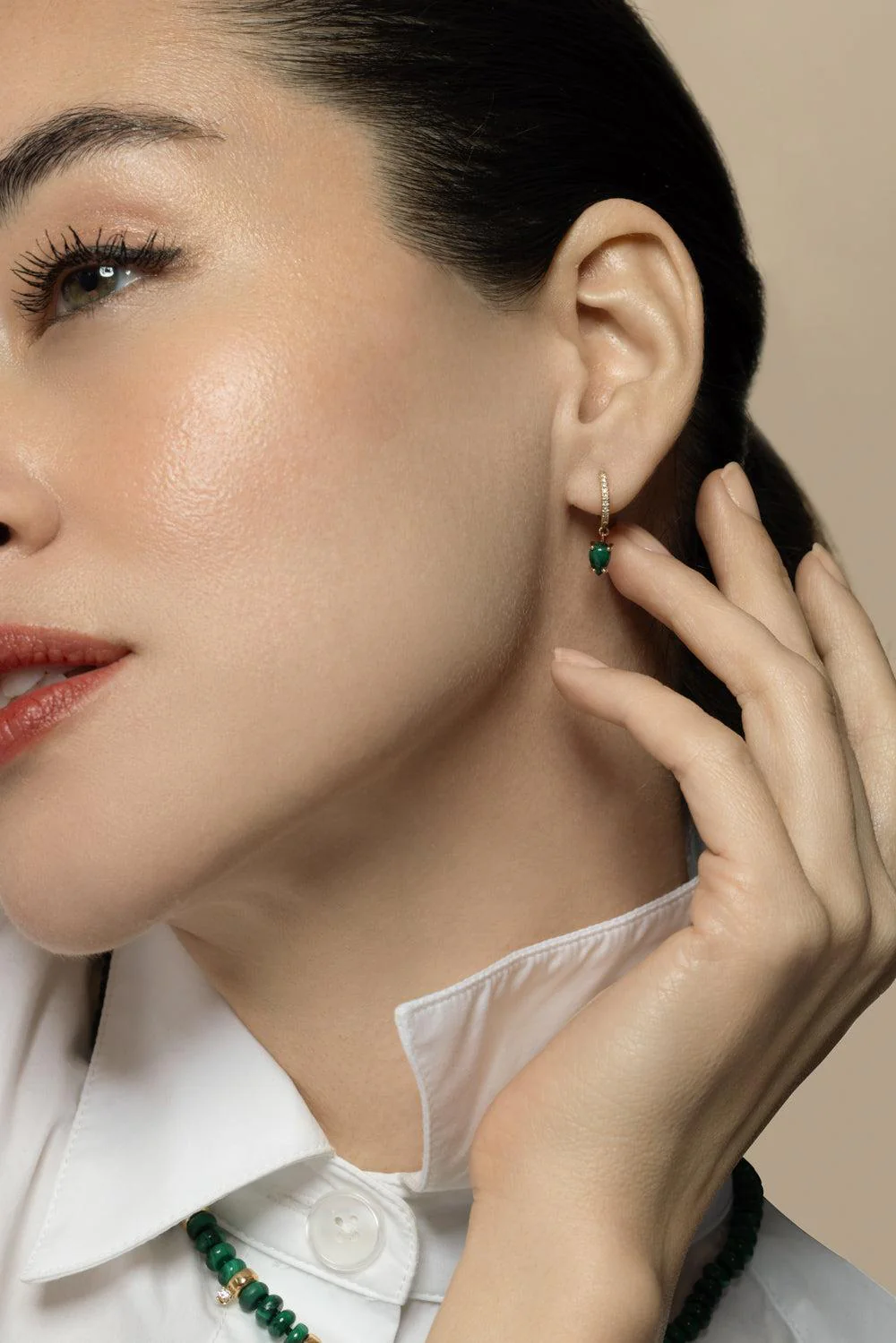 Diamond Malachite Small Hinge Huggie Earrings - Image 4