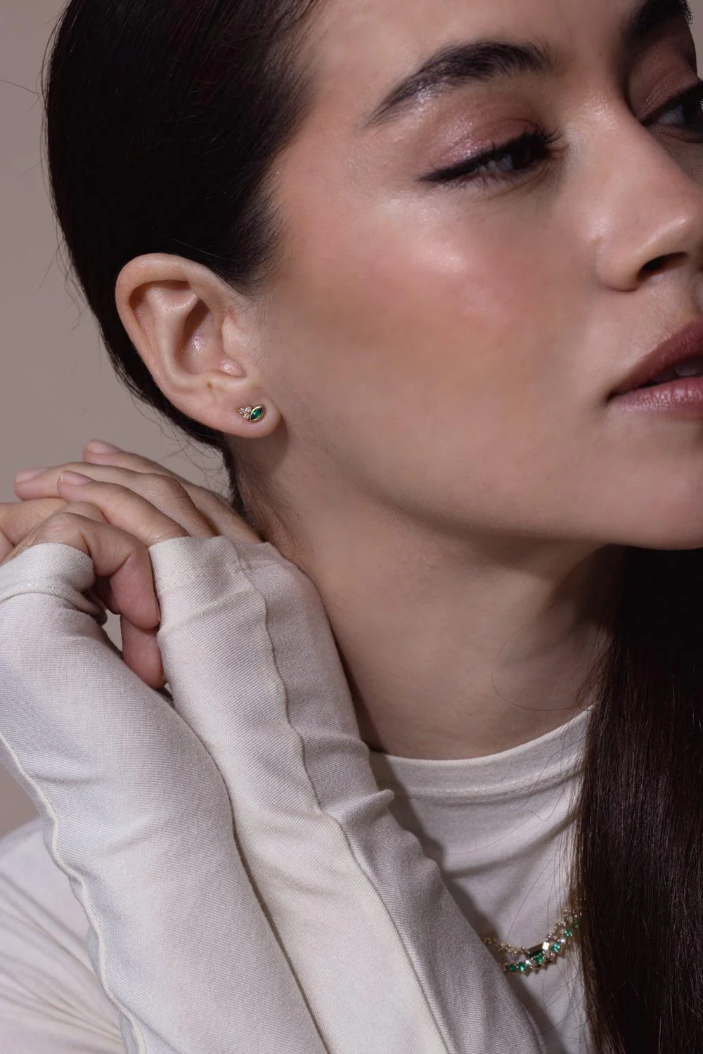 Emerald Diamond Trio Stud Earrings - Image 2