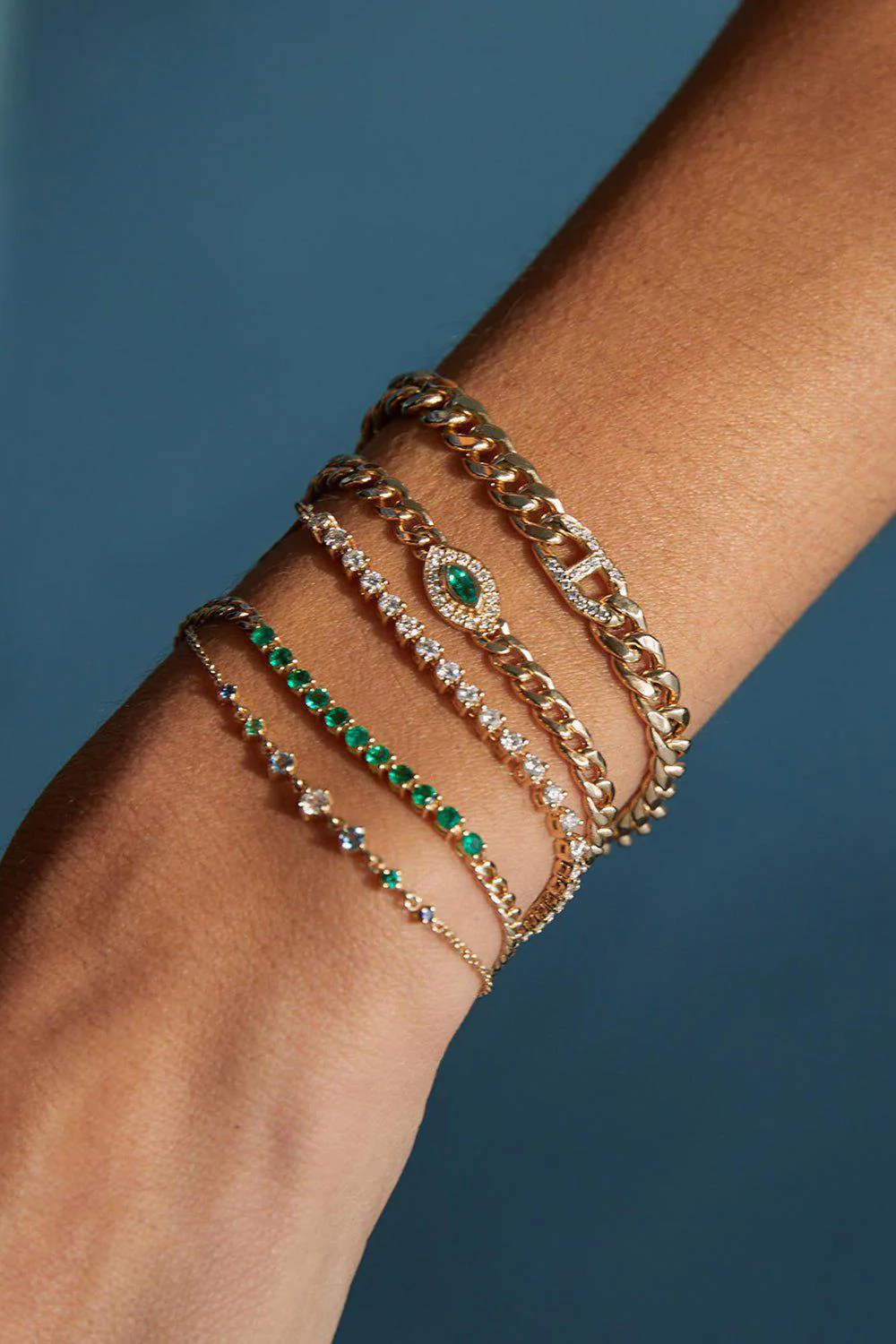 Emerald Segment Small Curb Chain Tennis Bracelet - Image 2