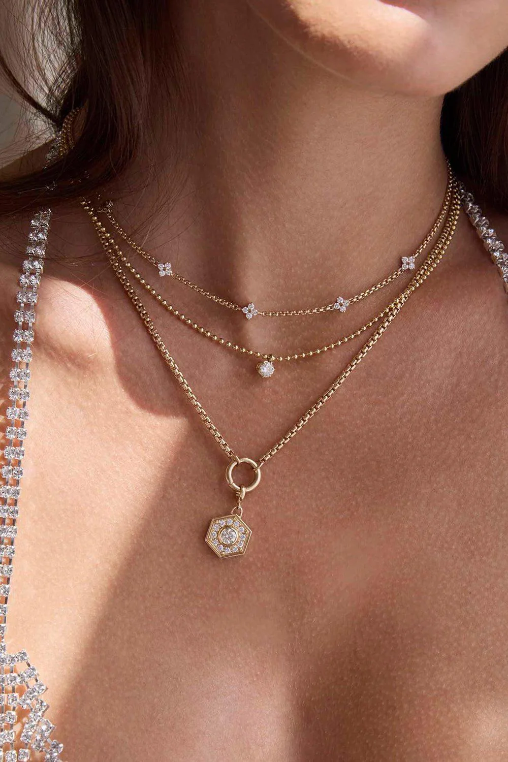 Five Prong Diamond Station Box Chain Necklace - Image 2