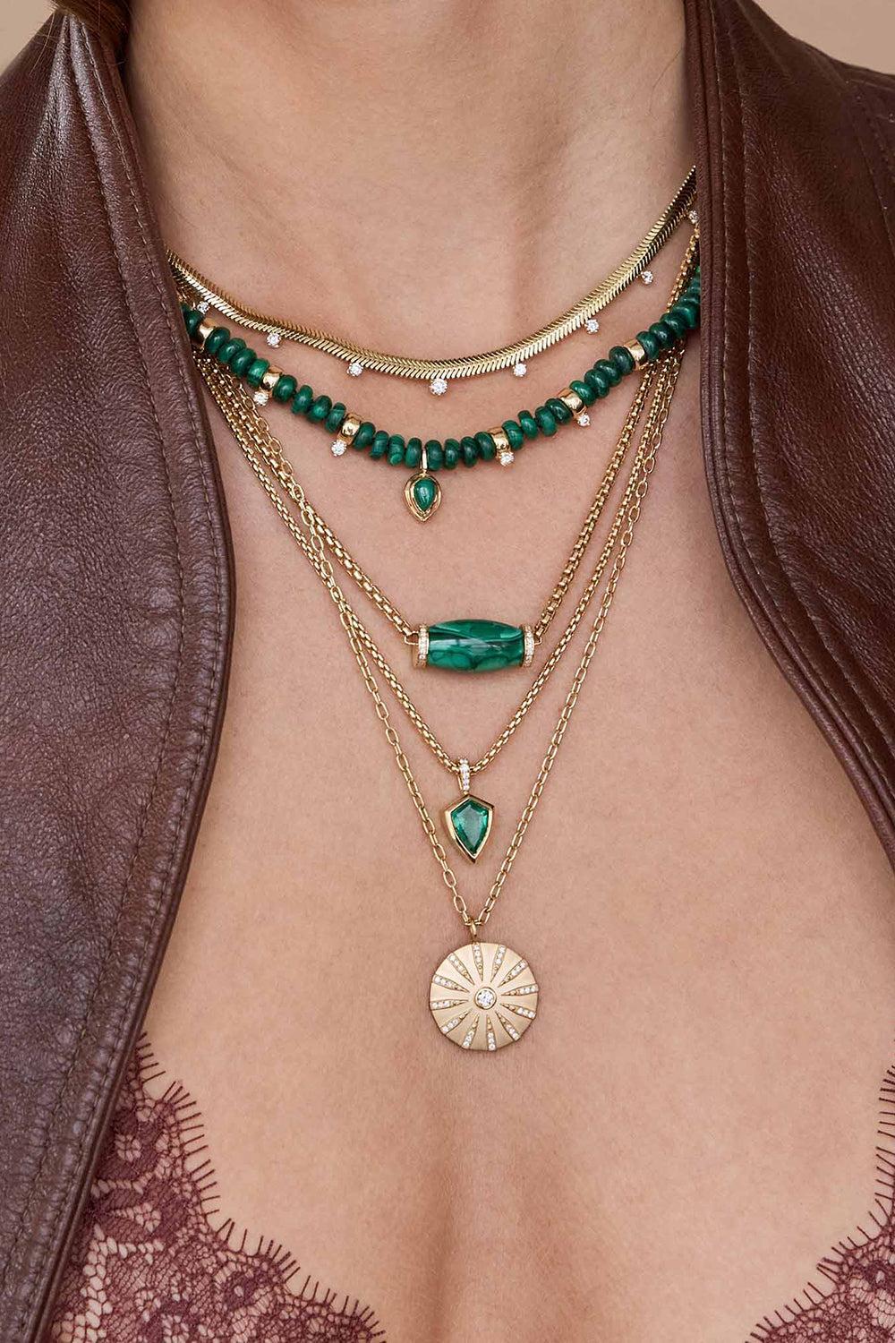 Malachite Diamond Four Prong Rondelle Beaded Necklace - Image 2