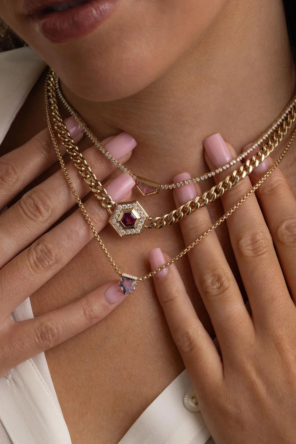 Pink Sapphire Shield Cut Necklace - Image 3