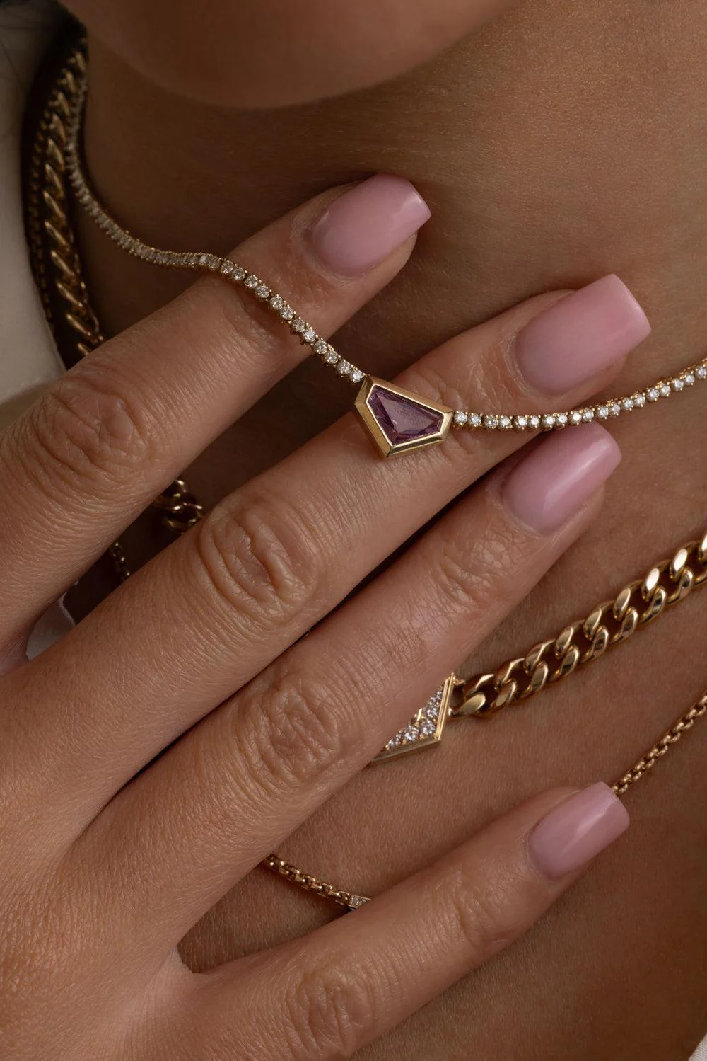 Pink Sapphire Shield Tennis Necklace - Image 4
