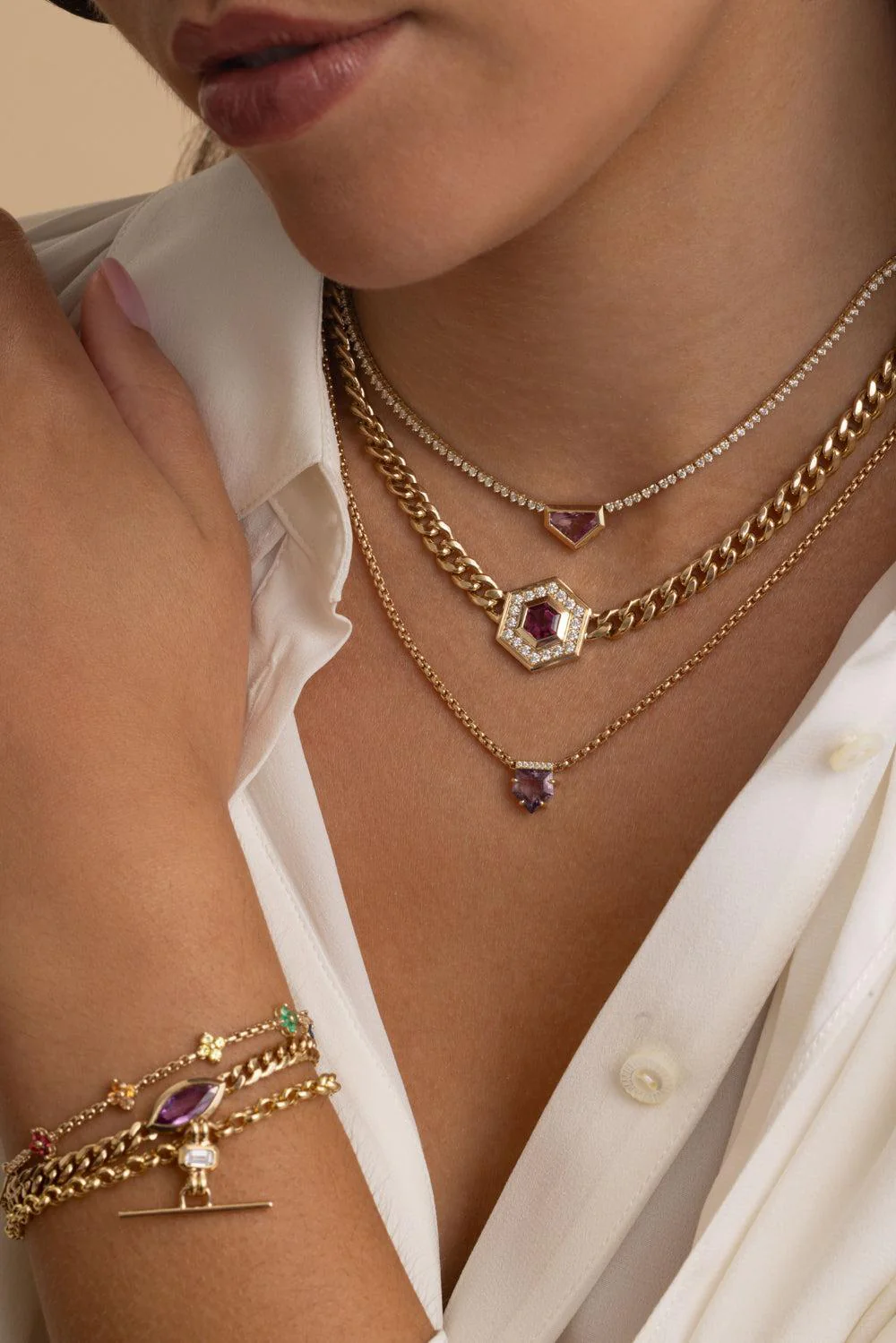 Pink Tourmaline Diamond Hexagon Pendant Necklace - Image 2