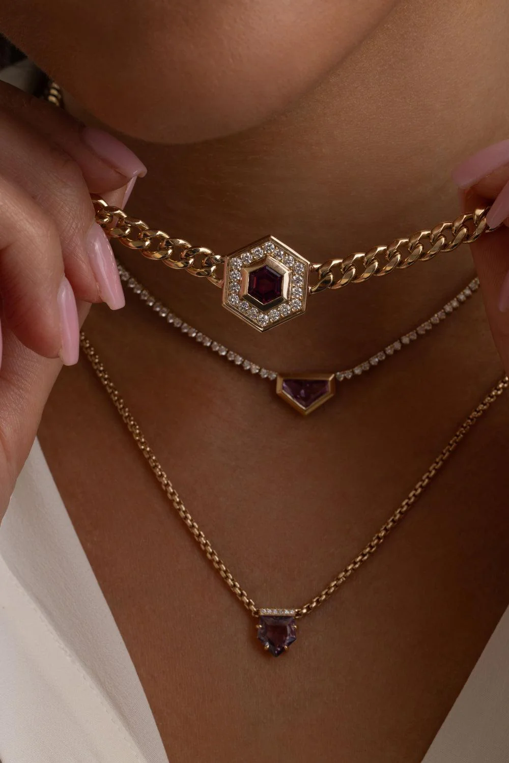 Pink Tourmaline Diamond Hexagon Pendant Necklace - Image 4