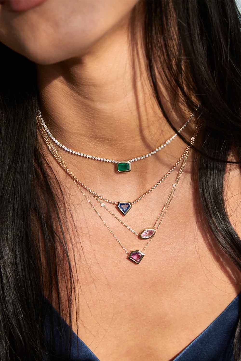 Prong Diamond Emerald Pendant Tennis Necklace - Image 3