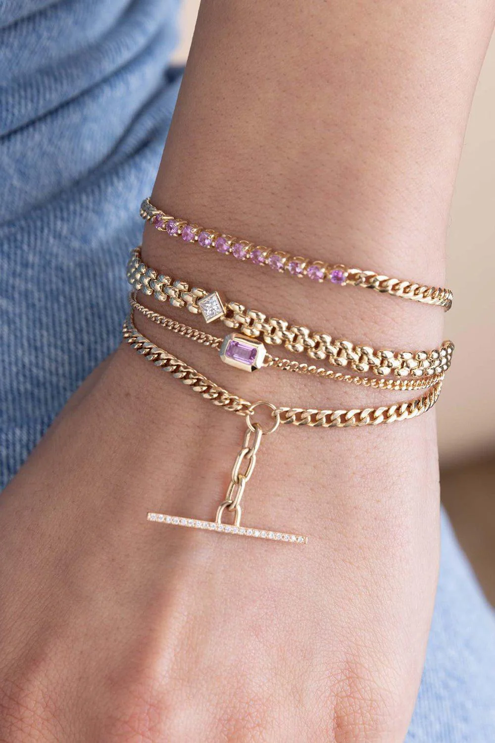 Small Sapphire Tennis Segment Curb Chain Bracelet - Image 2