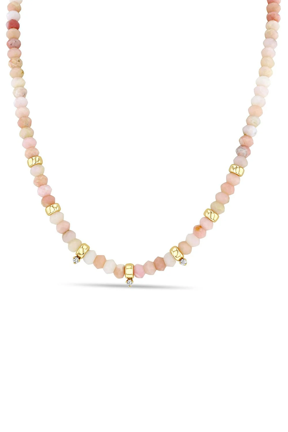 Three Prong Diamond Pink Opal Rondelle Bead Necklace