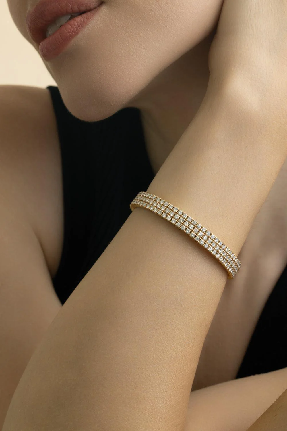 3 Row Diamond Stretch Bracelet - Yellow Gold - Image 2