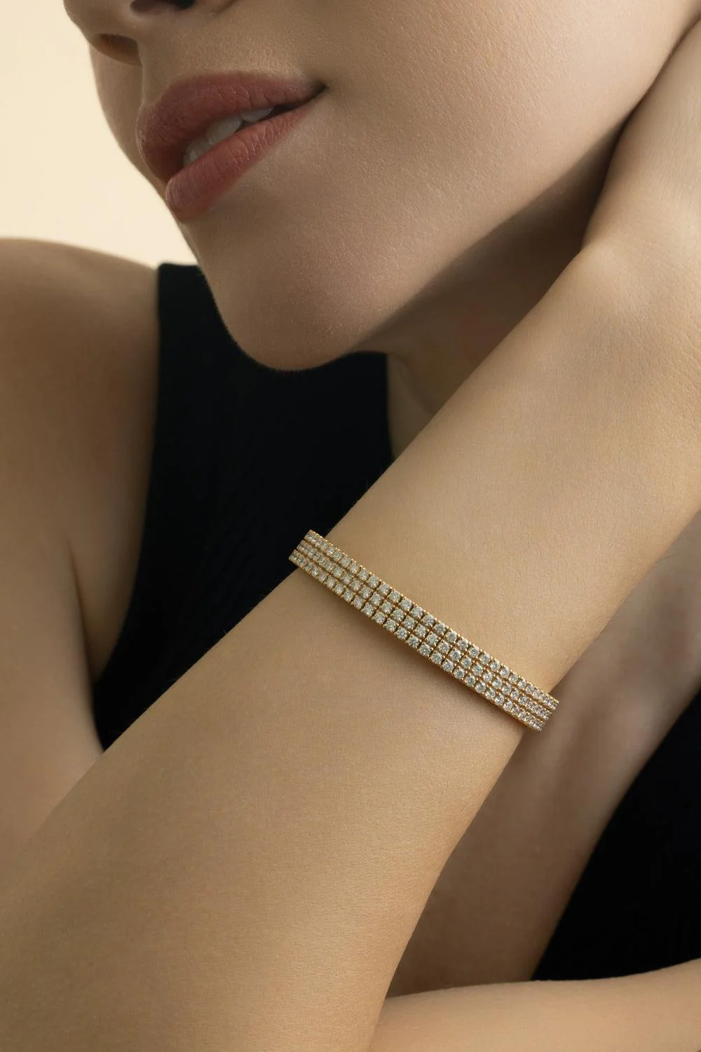 3 Row Diamond Stretch Bracelet - Yellow Gold - Image 4
