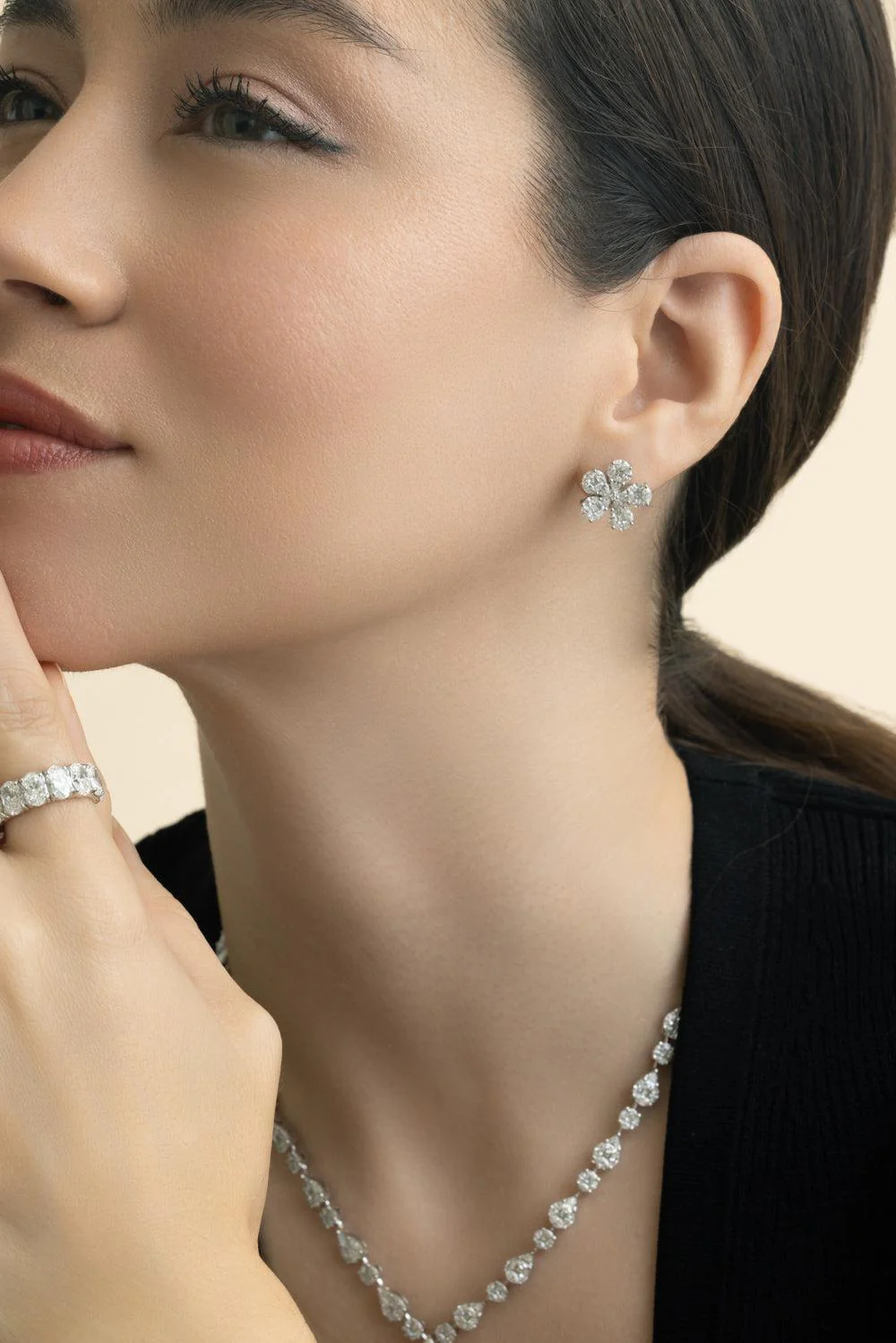 Diamond Flower Stud Earrings - Image 4