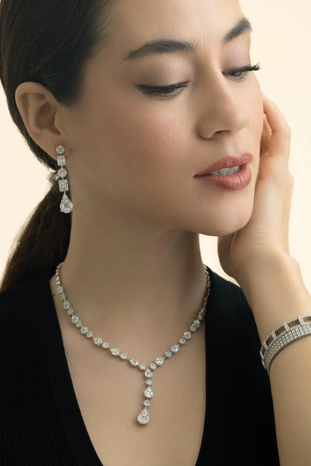 Mixed Shape Diamond Line Drop Earrings - Image 3
